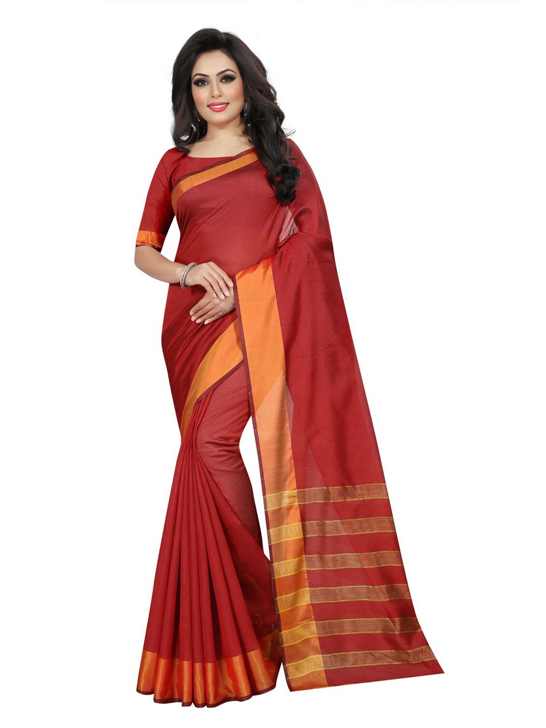 

Florence Red & Gold-Toned Striped Silk Cotton Saree