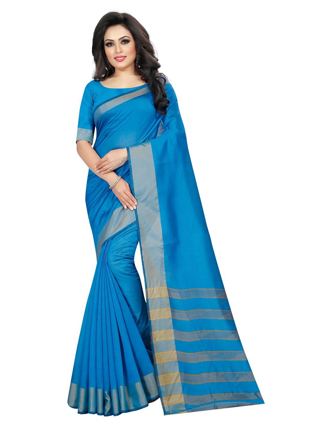 

Florence Turquoise Blue & Grey Striped Silk Cotton Saree