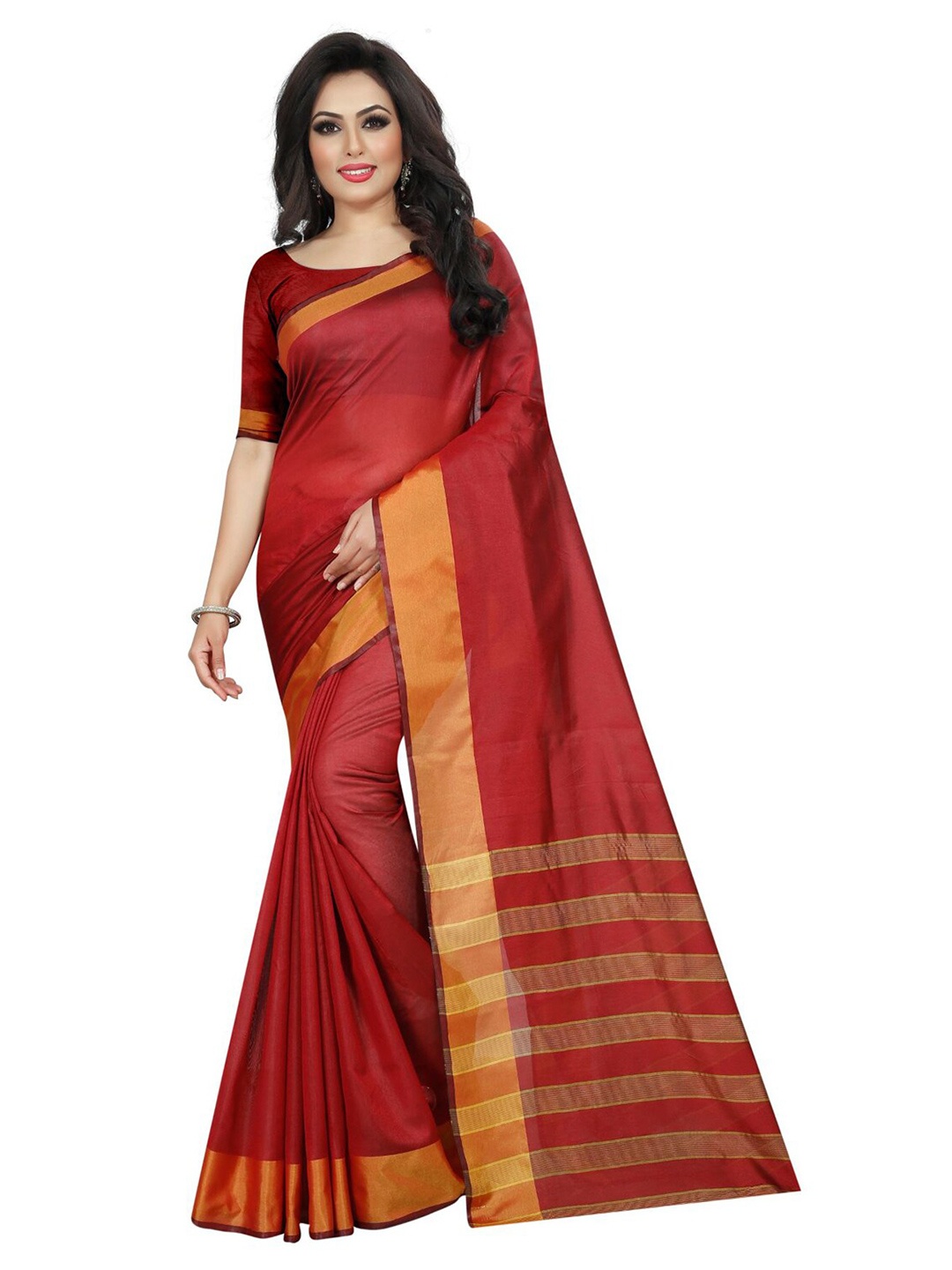 

Florence Maroon & Gold-Toned Zari Silk Cotton Saree