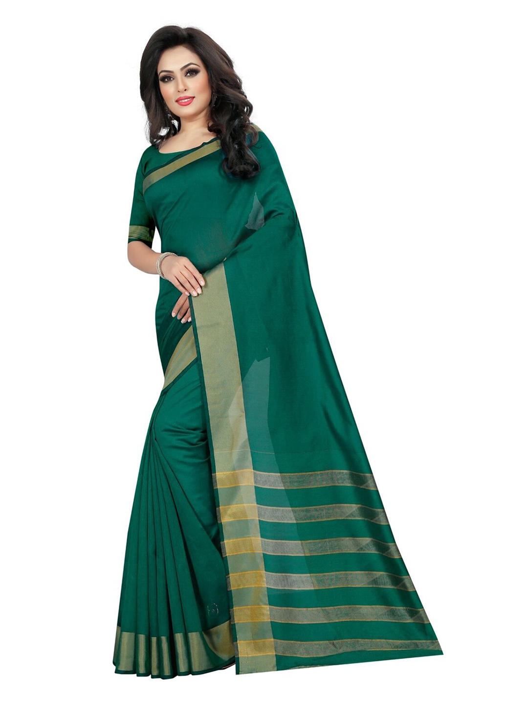 

Florence Women Green Solid Cotton Silk Striped Saree