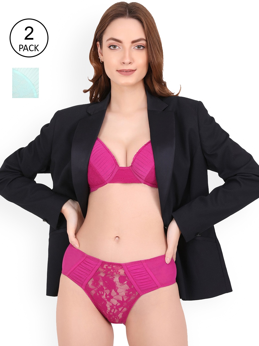 

CURWISH Women Pack of 2 Lace Self Design Bikini Briefs, Fuchsia