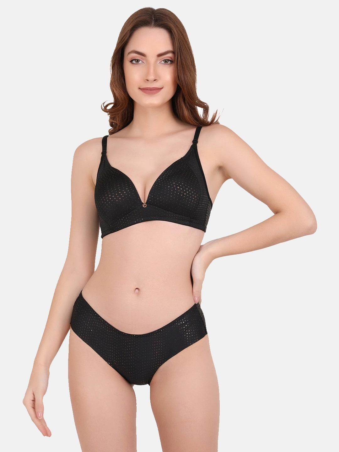 

CURWISH Women Black with Golden Dots Printed Lingerie Set