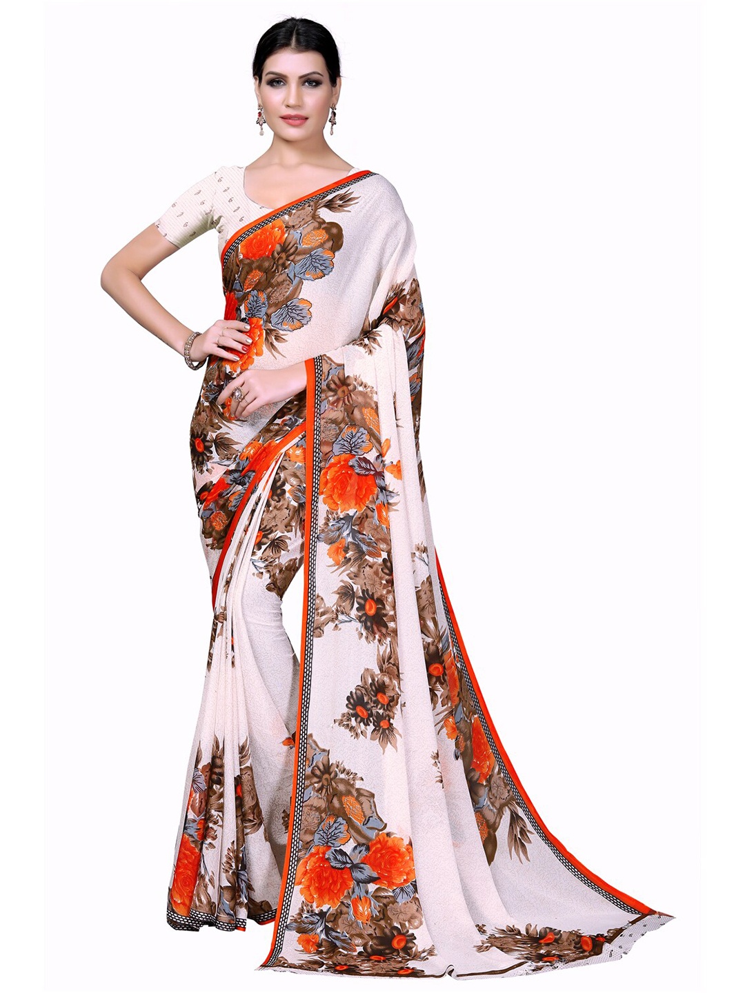 

Florence White & Orange Floral Pure Georgette Saree