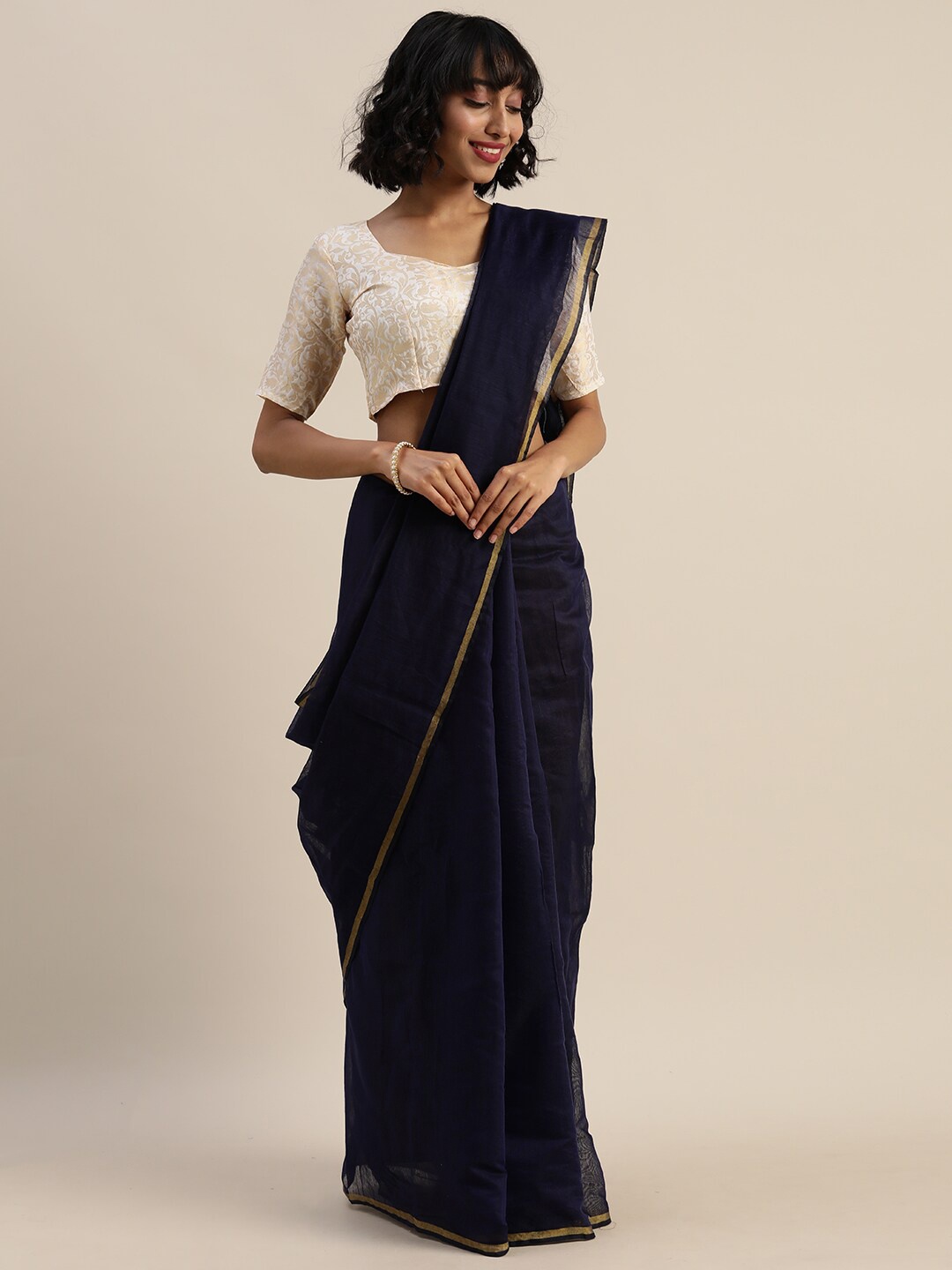 

Florence Navy Blue & Gold-Toned Zari Art Silk Saree