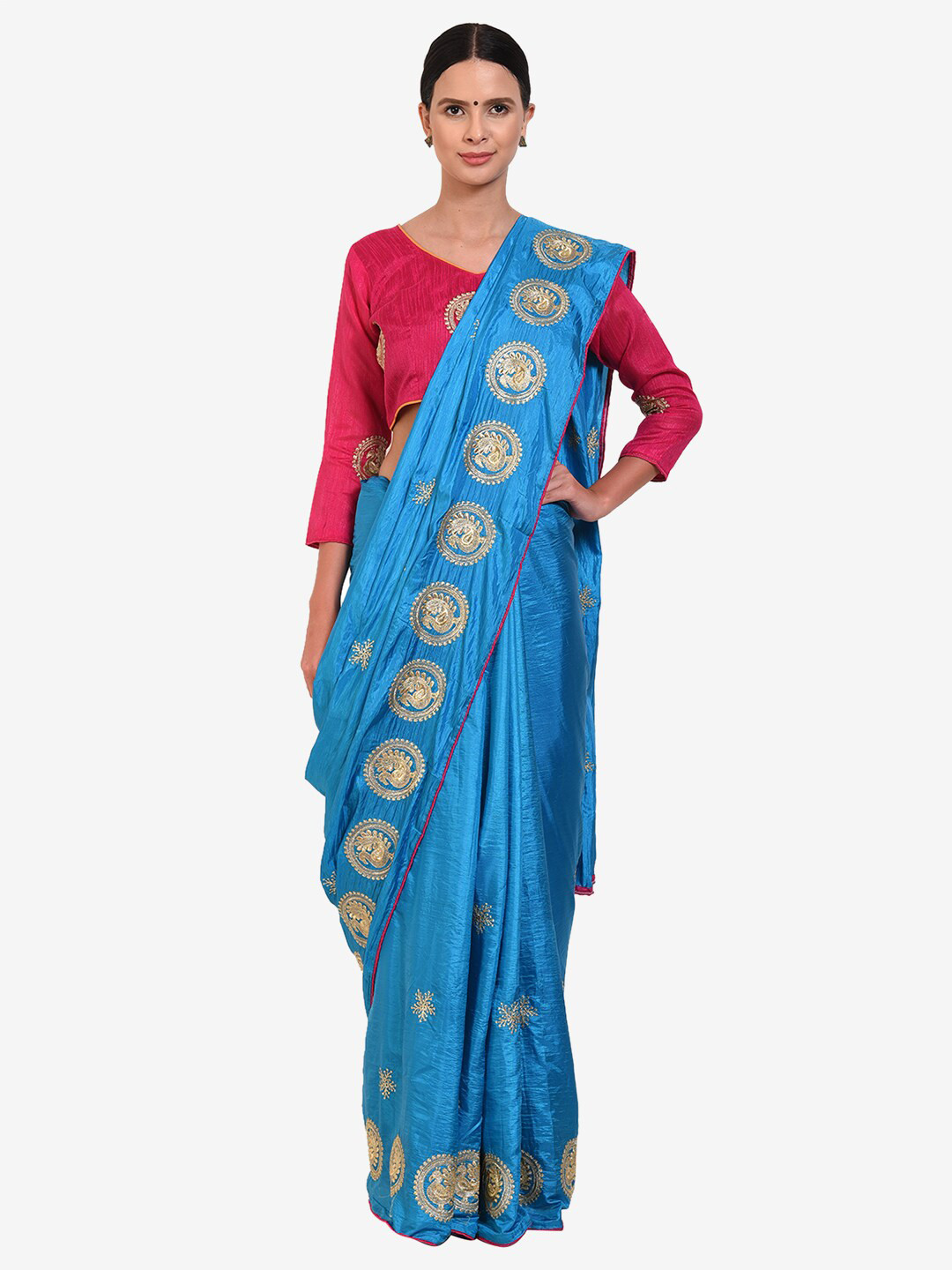 

Florence Turquoise Blue & Gold-Toned Ethnic Motifs Silk Blend Saree