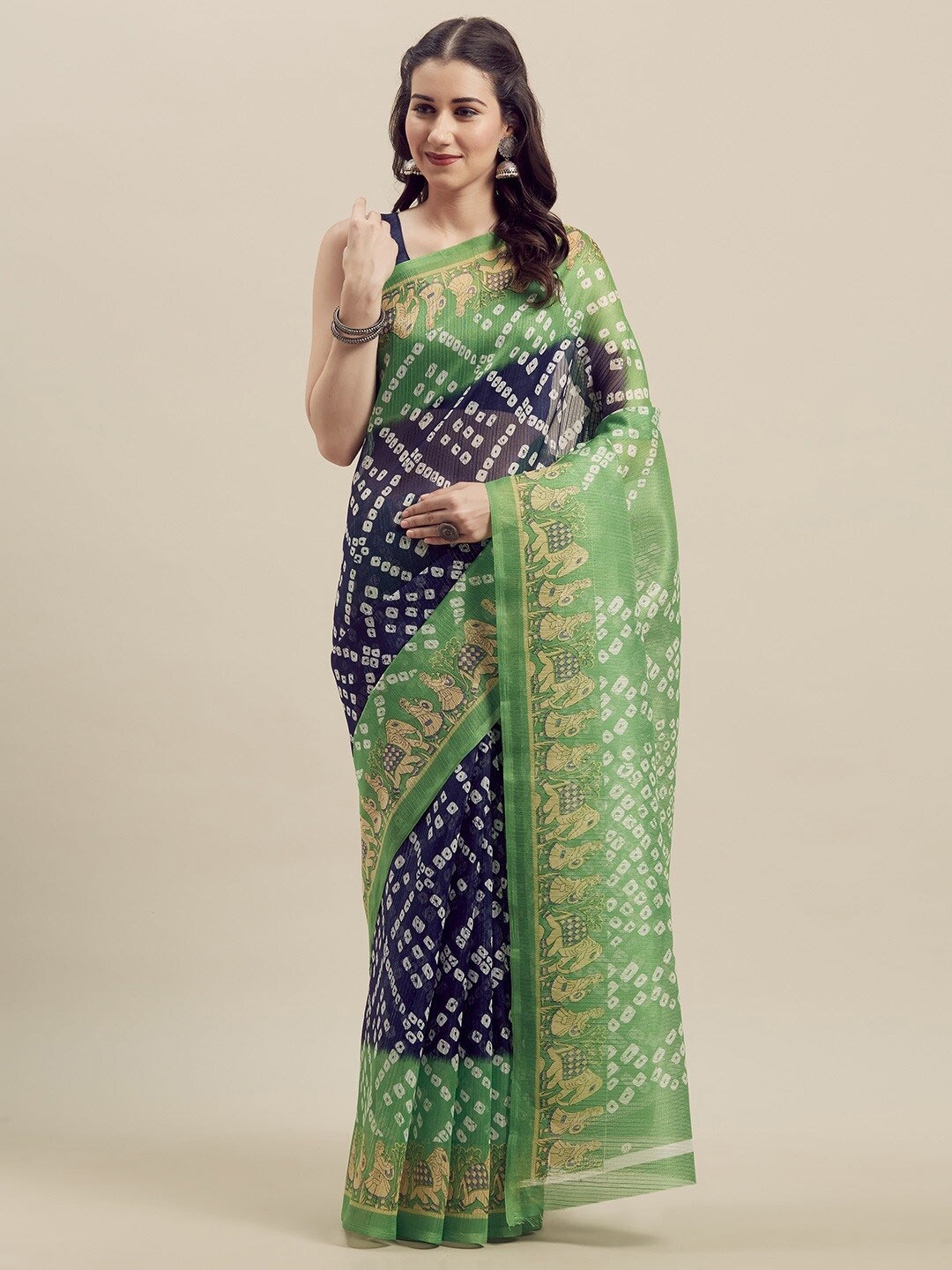 

Florence Green & Navy Blue Bandhani Art Silk Saree