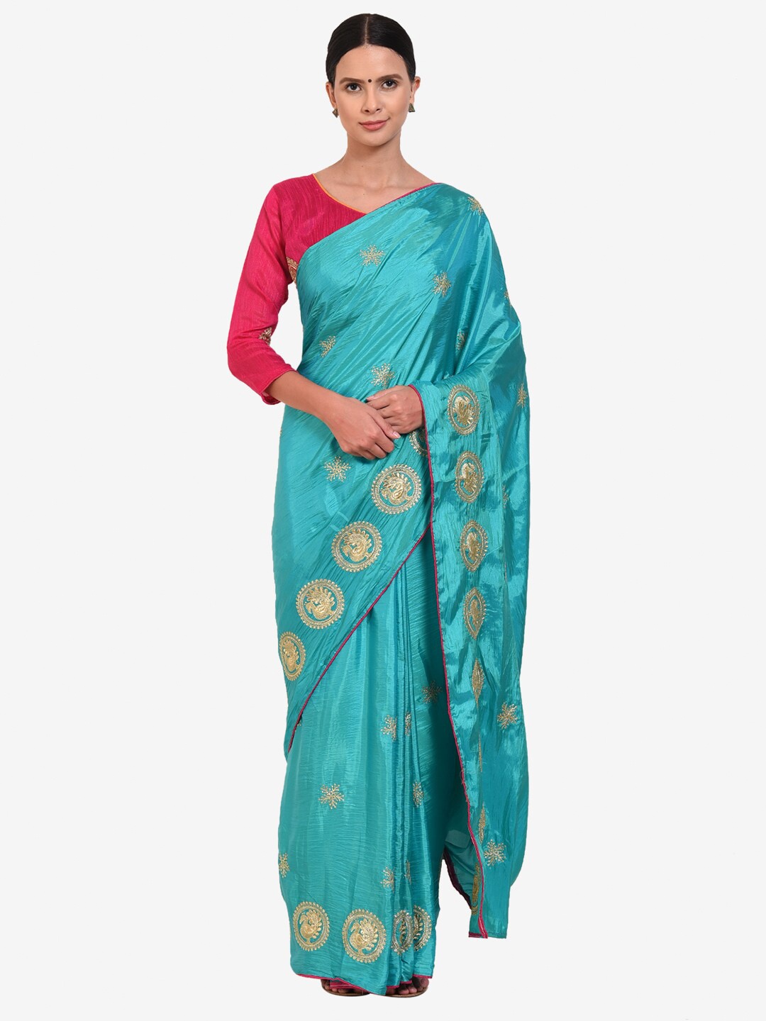 

Florence Teal & Gold-Toned Ethnic Motifs Zari Paper Silk Saree