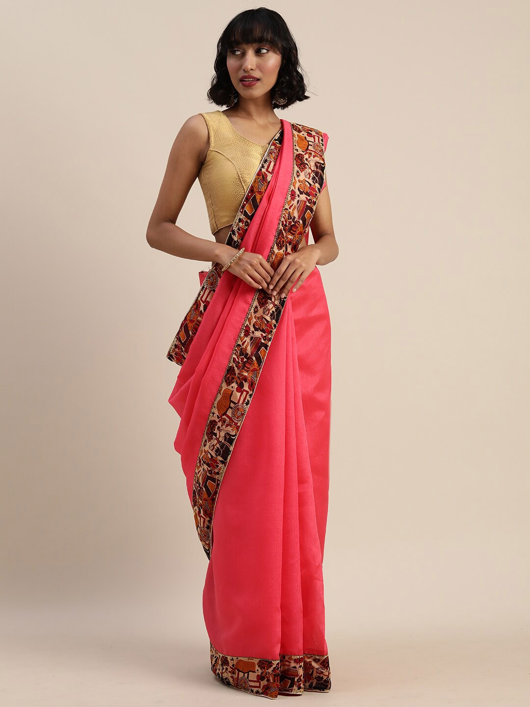 

Florence Peach-Coloured & Brown Cotton Blend Saree With Printed Border