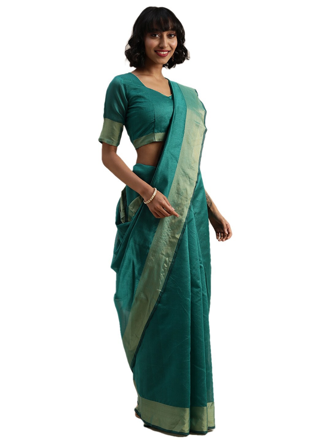 

Florence Green & Golden Art Silk Saree With Zari Border