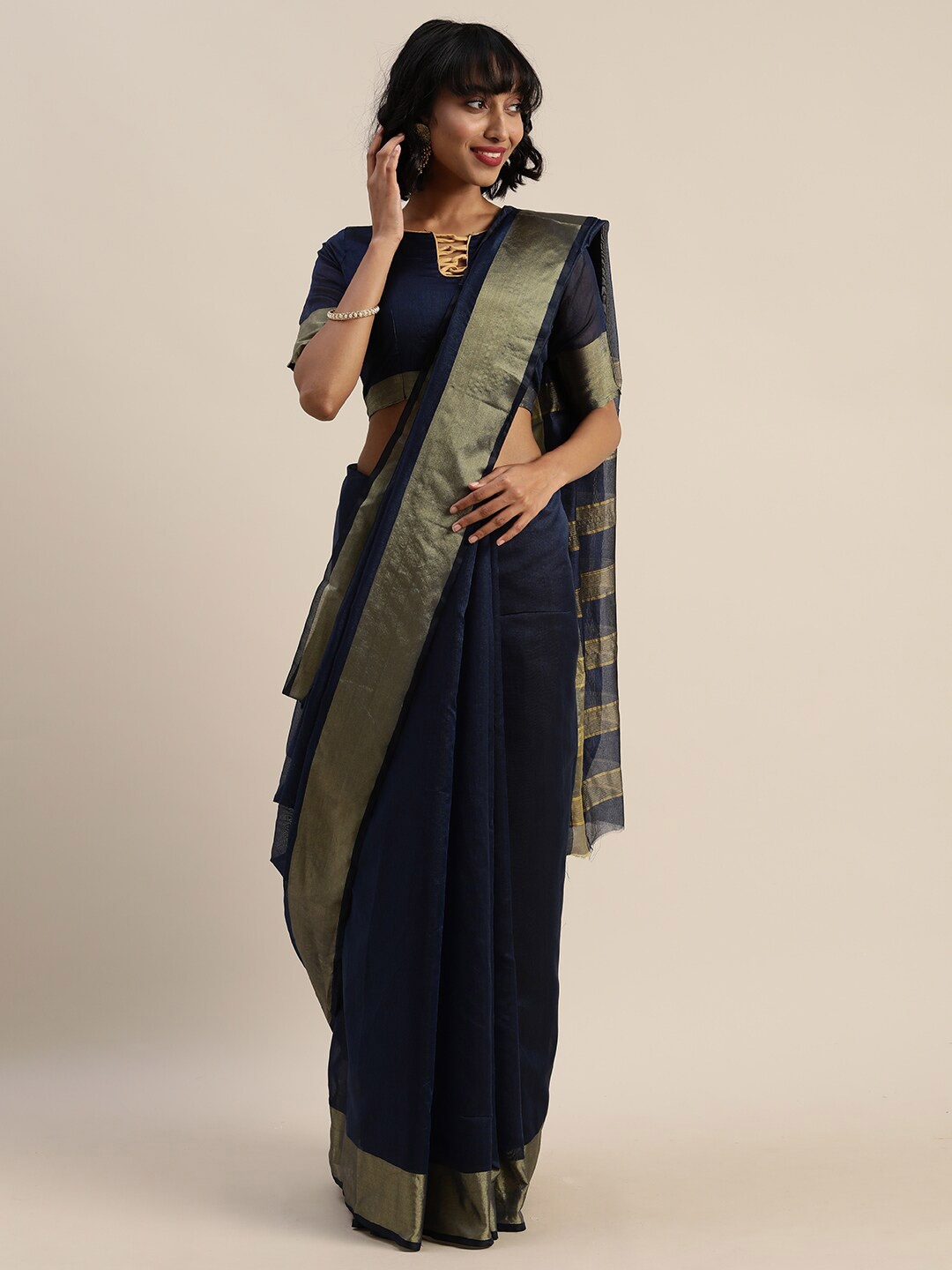 

Florence Navy Blue & Gold-Toned Solid Zari Art Silk Saree