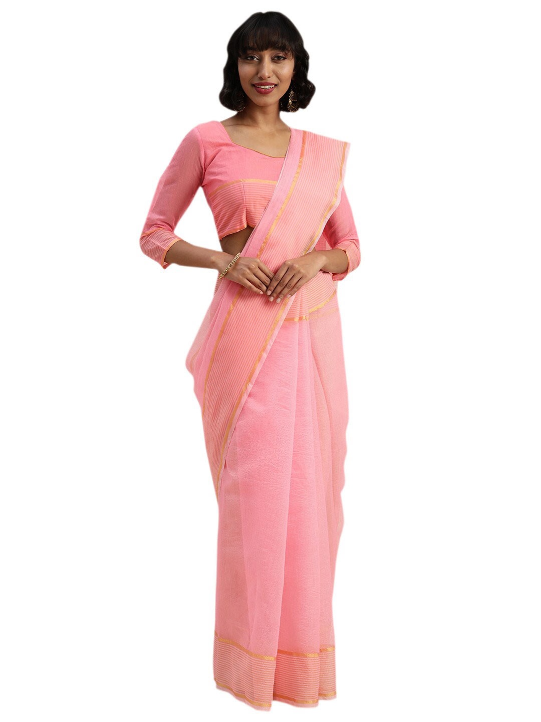 

Florence Pink & Gold-Toned Striped Zari Pure Cotton Saree
