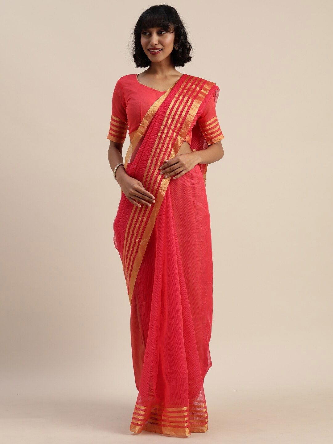 

Florence Pink & Gold-Toned Zari Pure Cotton Saree