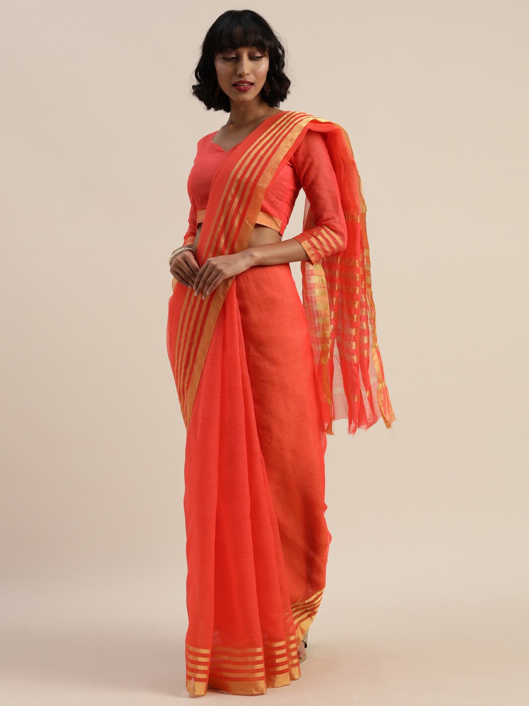 

Florence Orange & Gold-Toned Zari Pure Cotton Saree