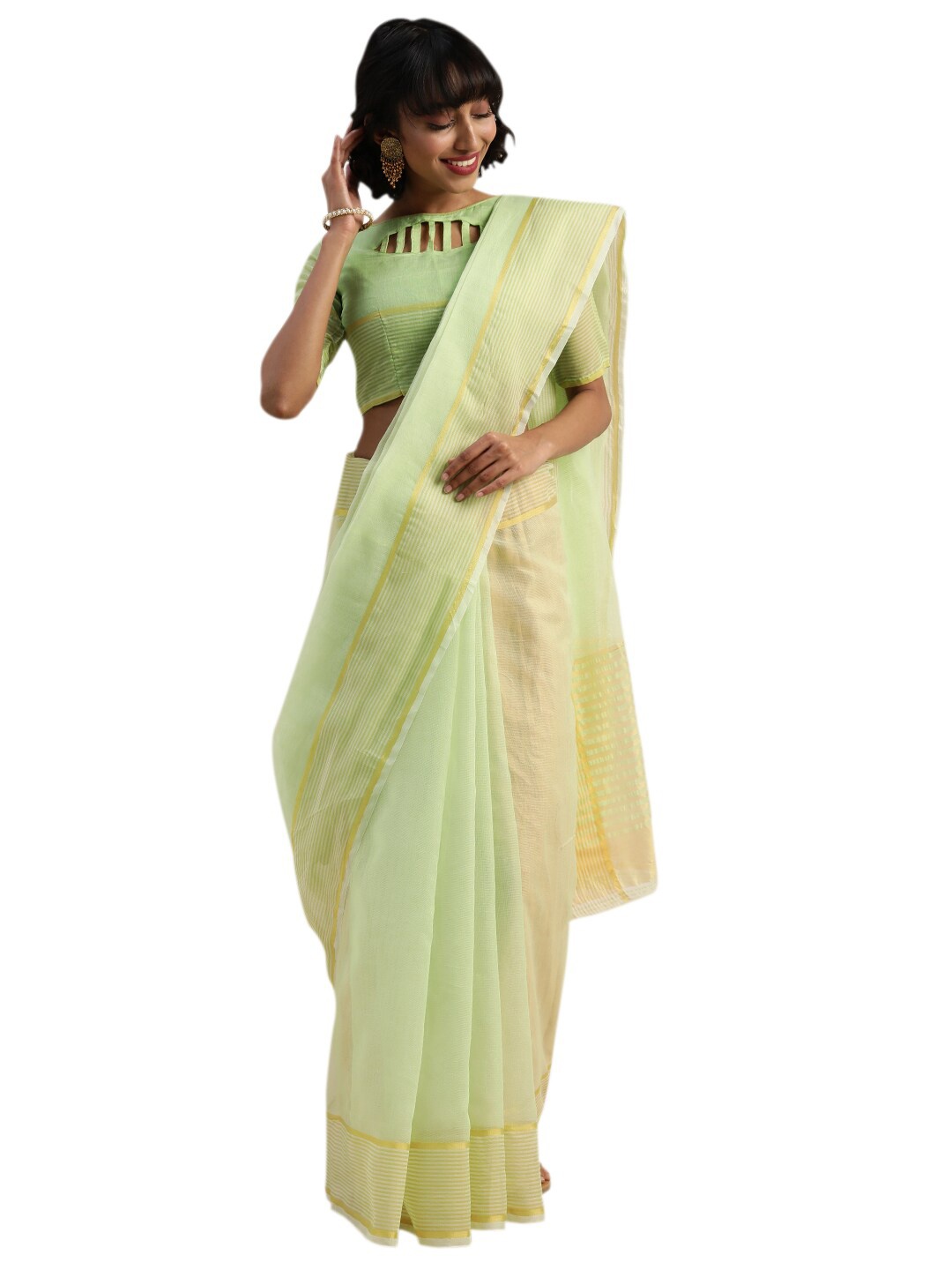 

Florence Green & Gold-Toned Zari Pure Cotton Saree