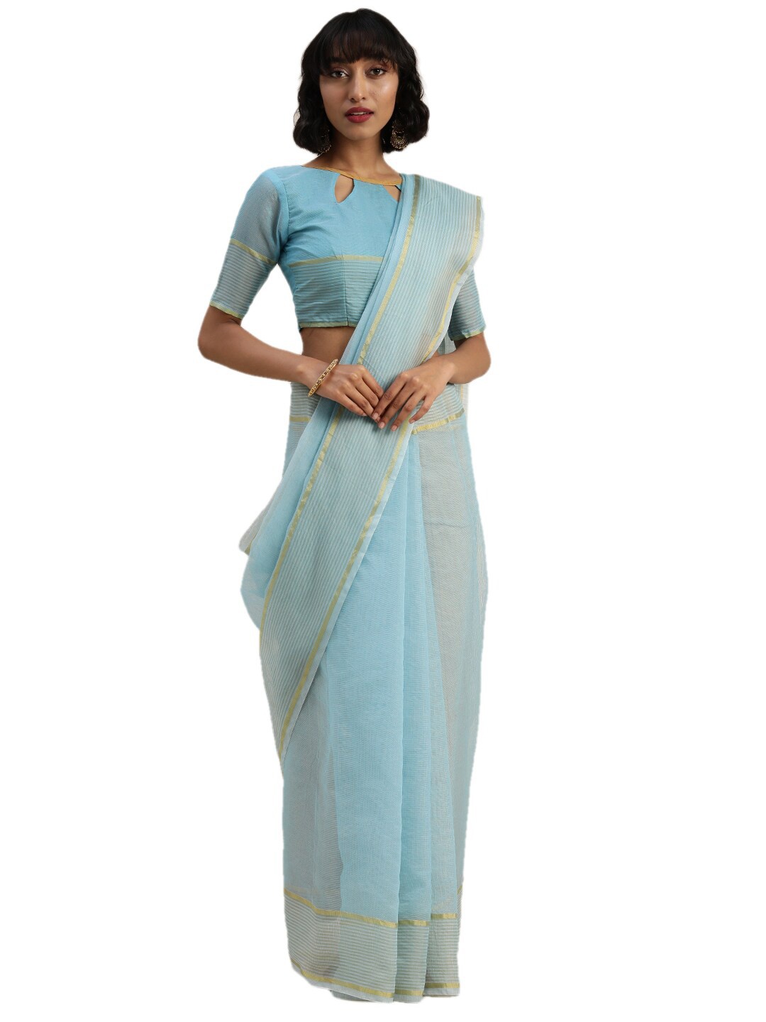 

Florence Turquoise Blue & Gold-Toned Zari Pure Cotton Saree