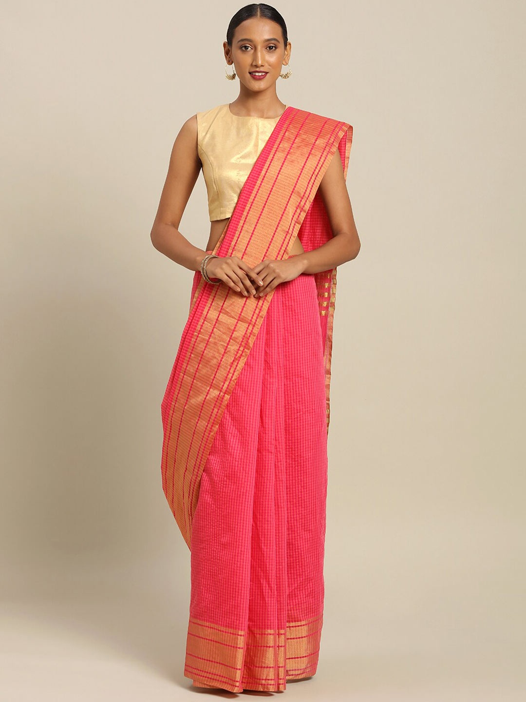 

Florence Pink & Golden Checked Art Silk Saree