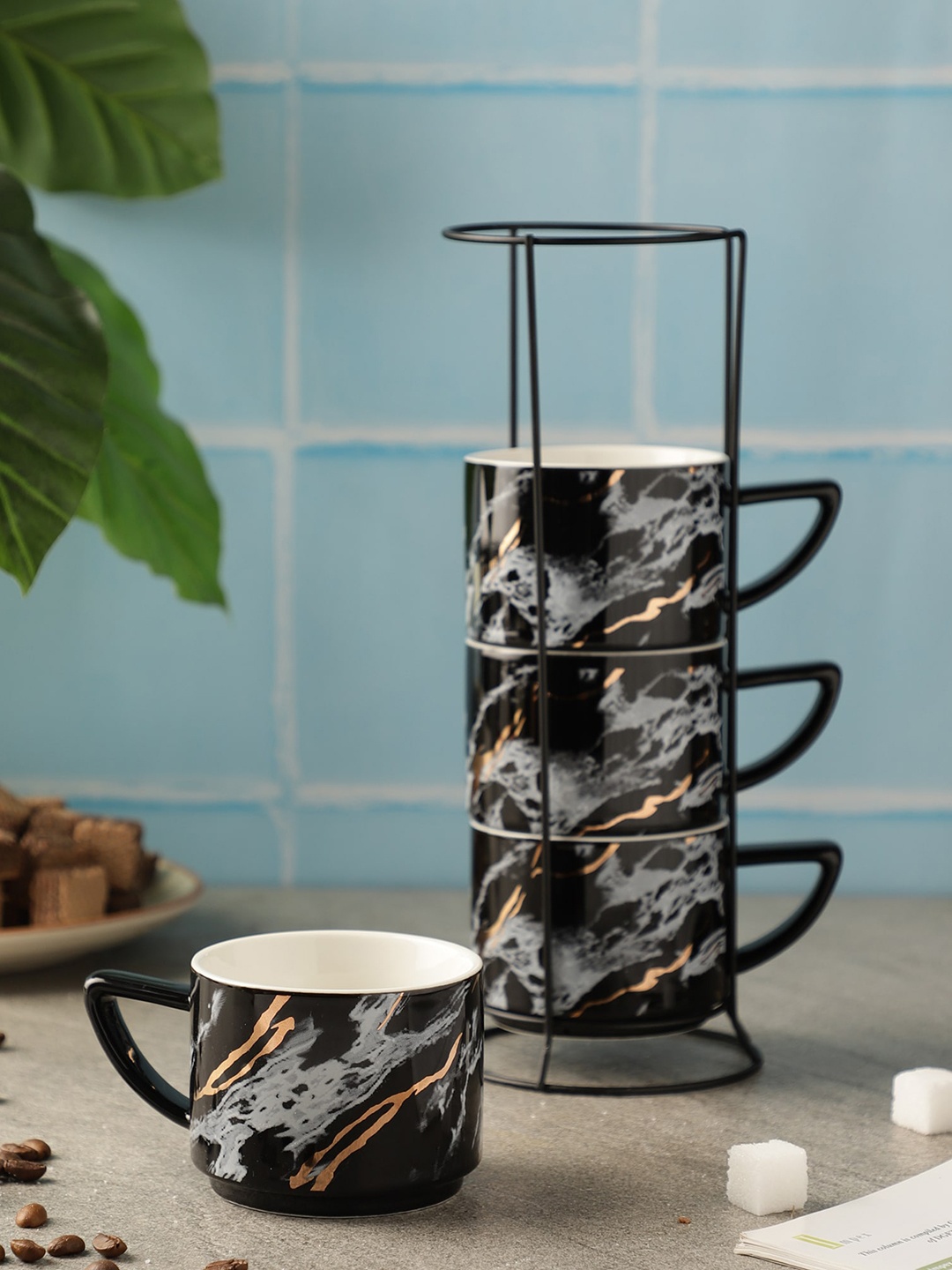 

The Decor Mart Set of 4 Marble Ceramic Mugs with Stand, Black