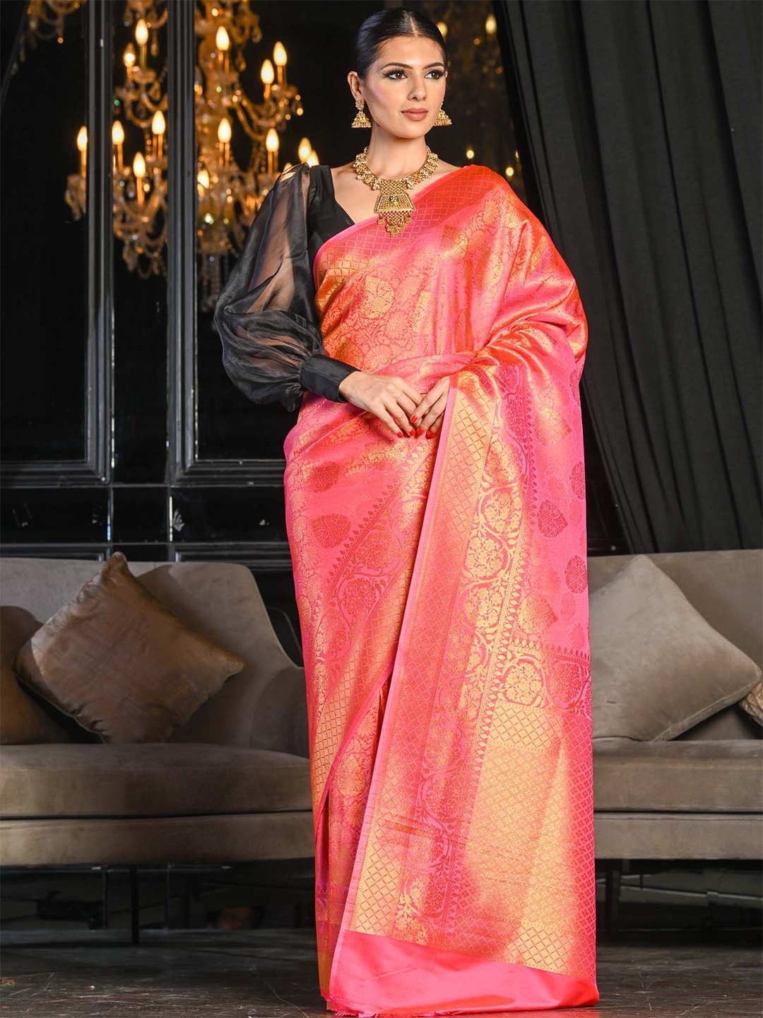 

BEATITUDE Pink & Golden Ethnic Motifs Zari Silk Blend Saree