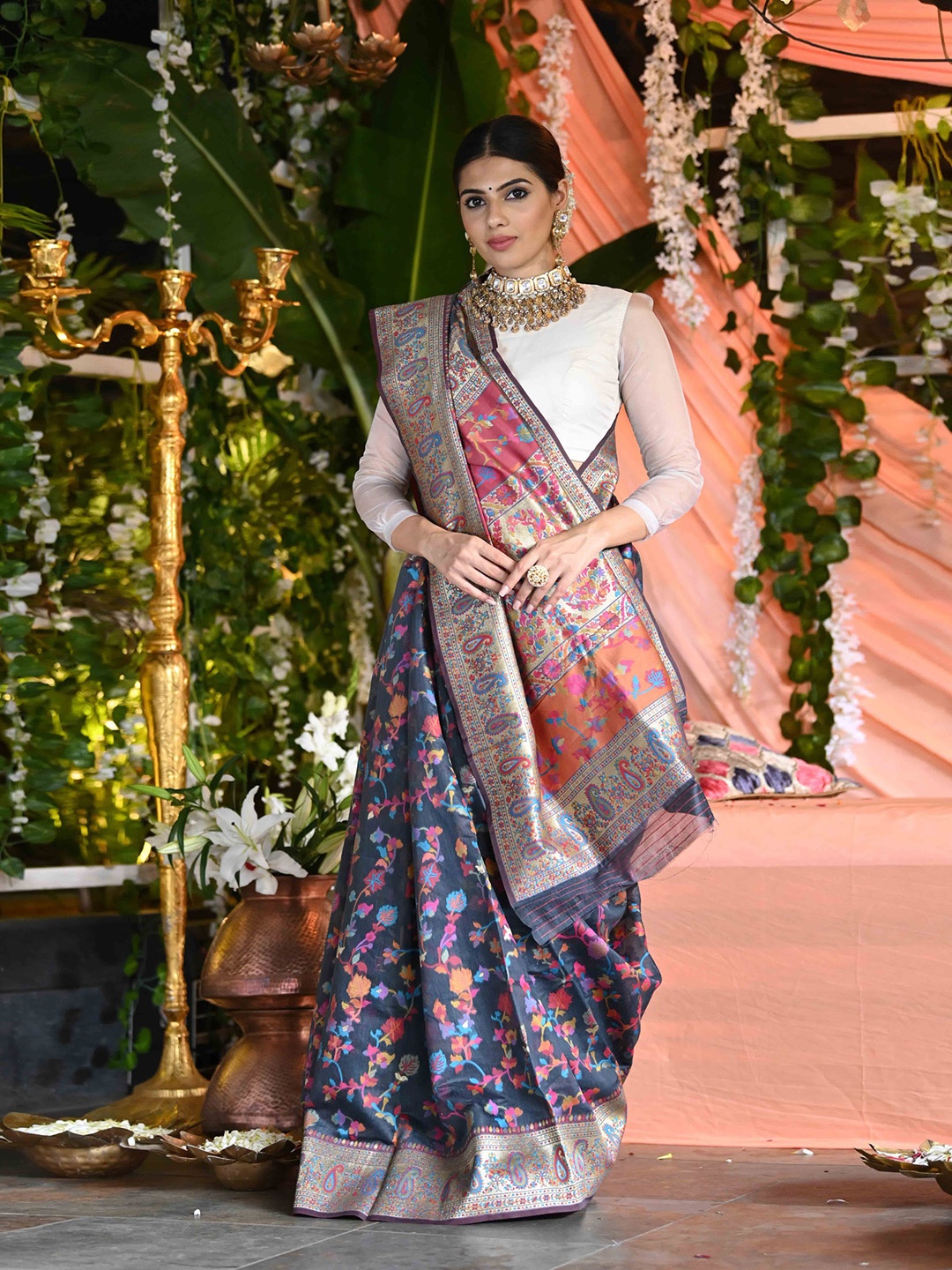 

BEATITUDE Navy Blue & Pink Woven Design Zari Silk Blend Saree