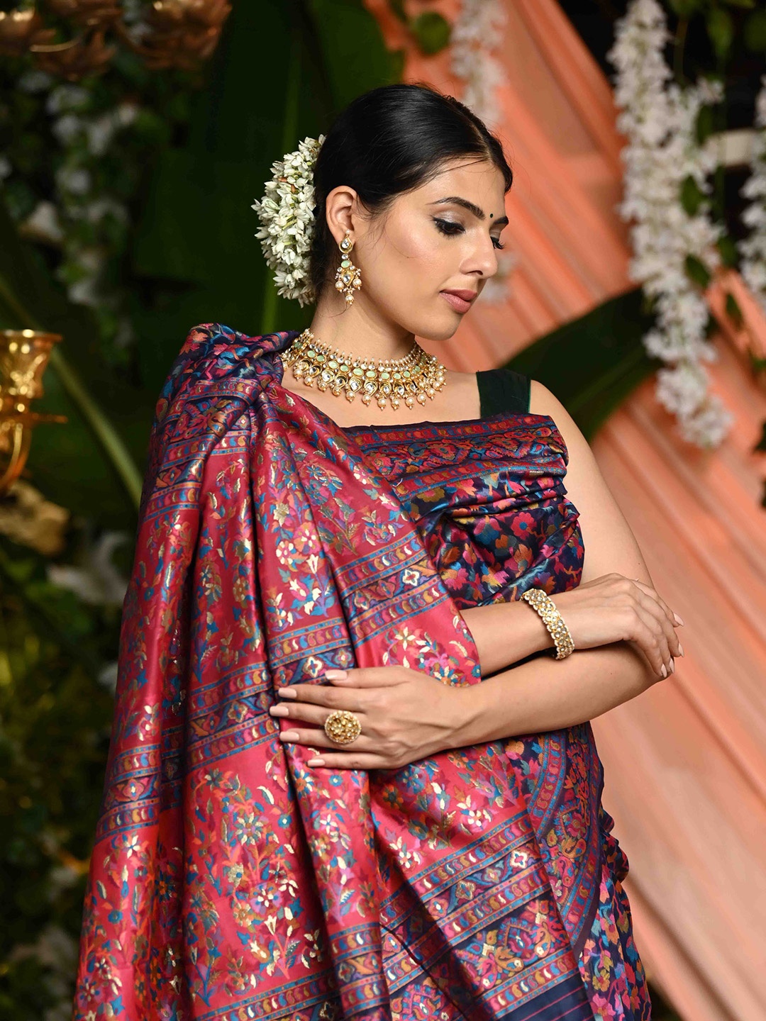 

BEATITUDE Red & Blue Floral Silk Blend Saree