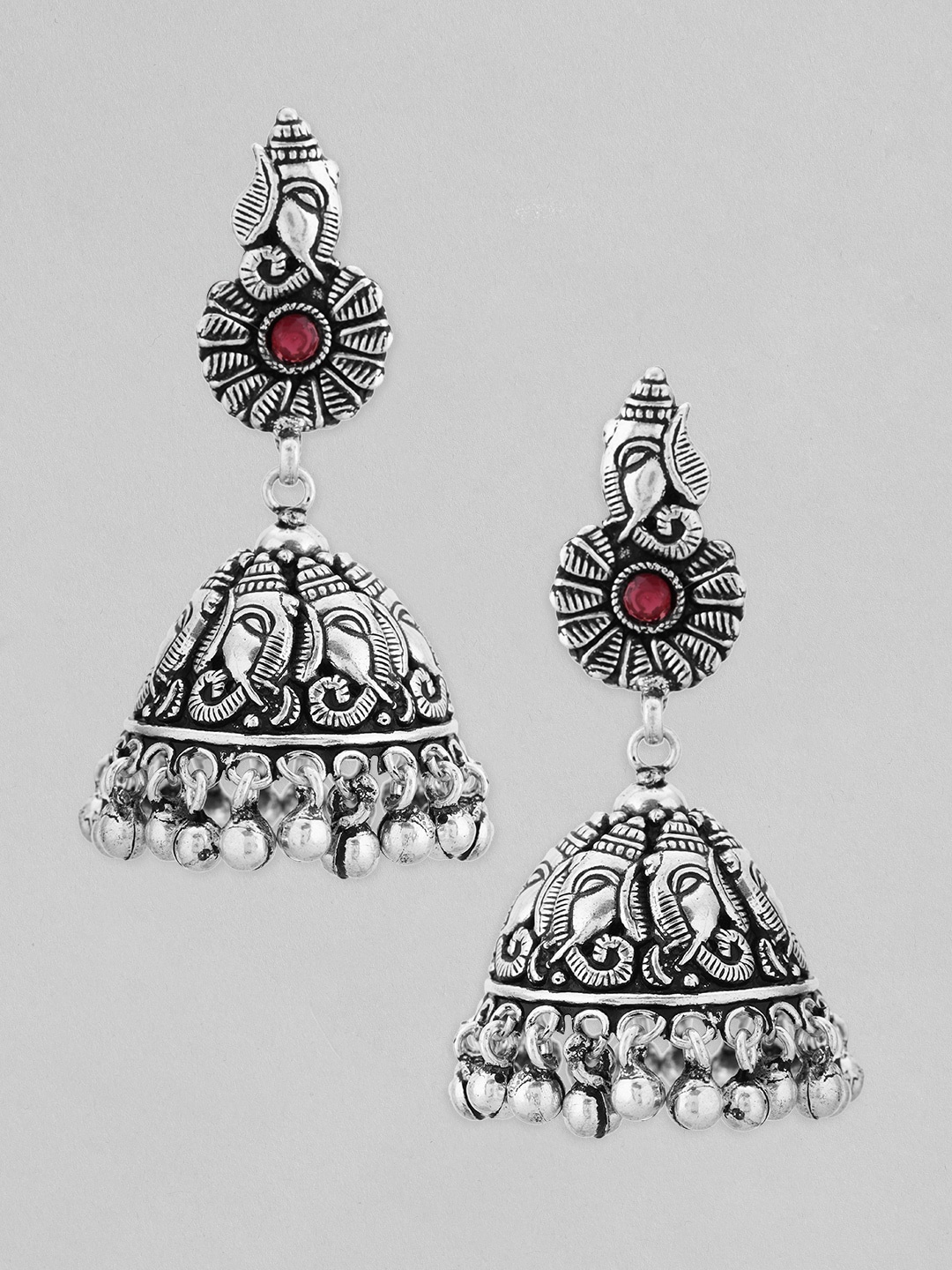 

Rubans Silver-Toned & Red Dome Shaped Jhumkas Earrings