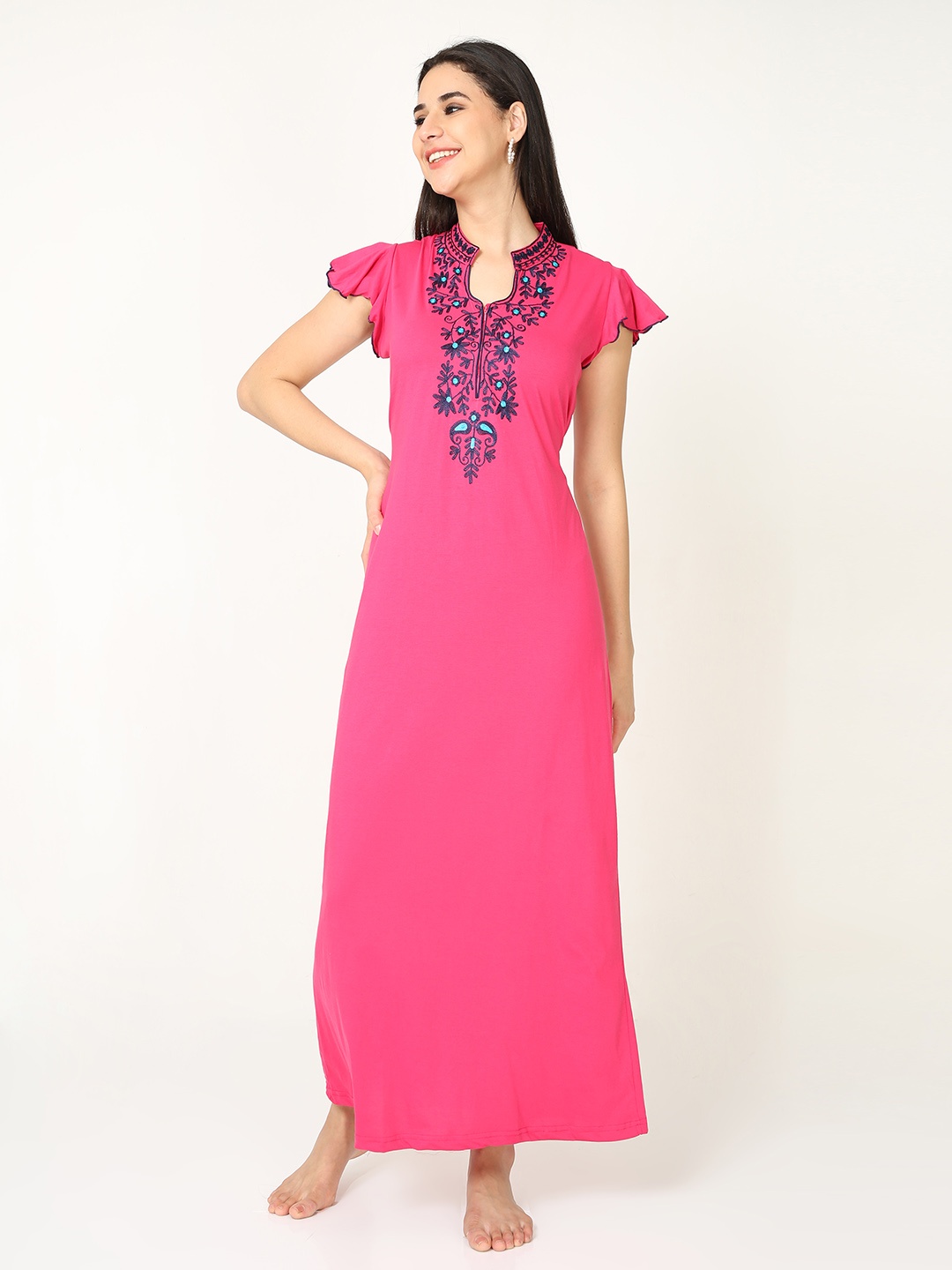 

9shines Label Women Pink Embroidered Maxi Nightdress