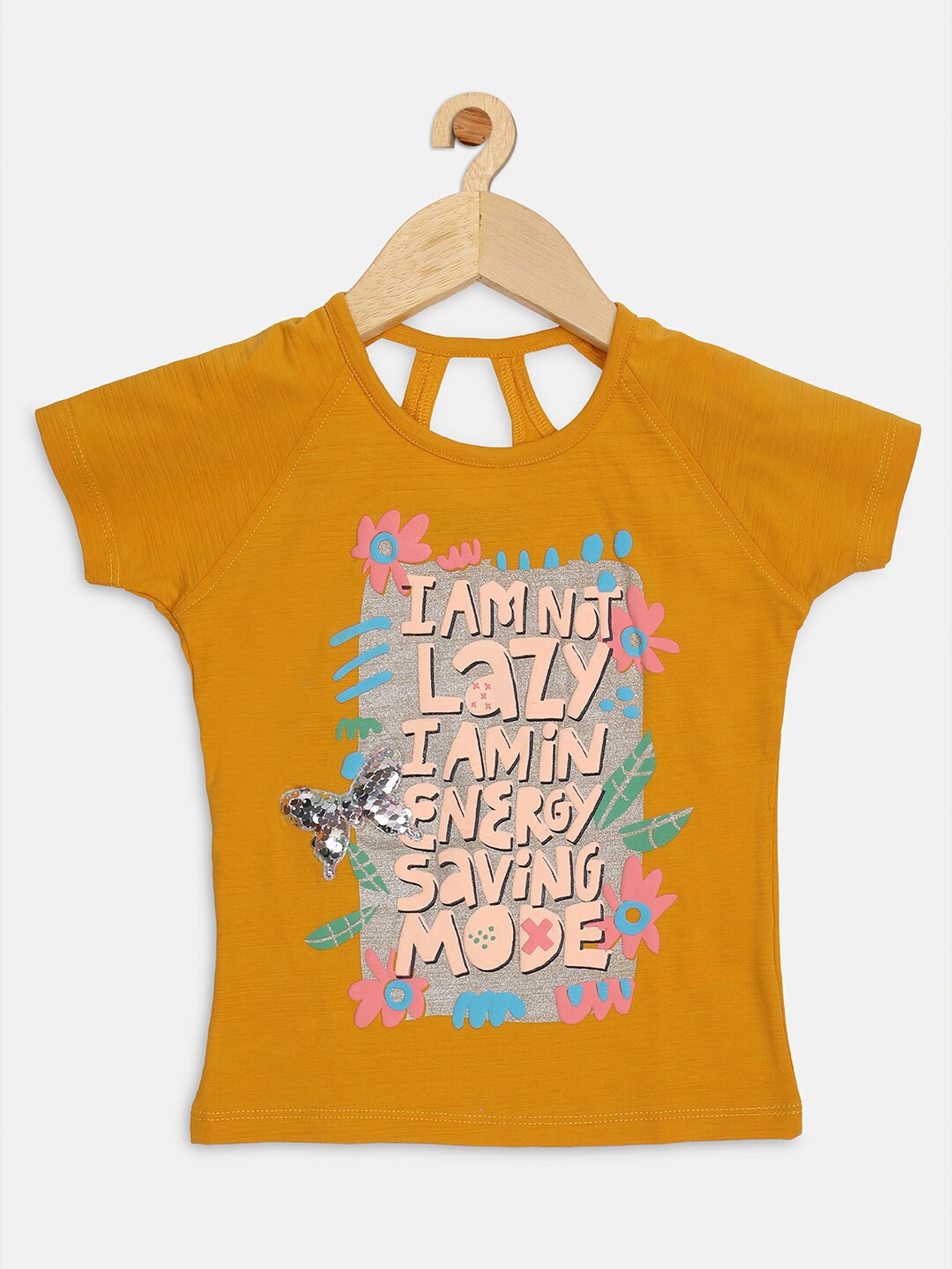 

Ziama Girls Mustard Yellow Typography Printed Extended Sleeves Top