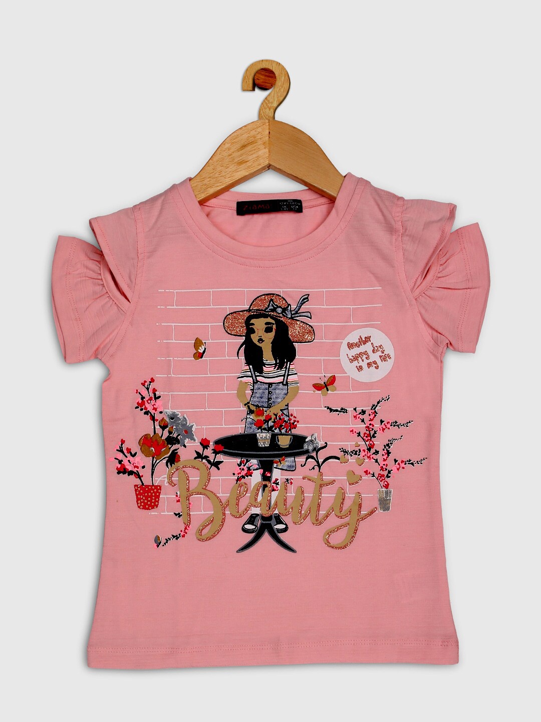 

Ziama Girls Pink Print Flutter Sleeves Top