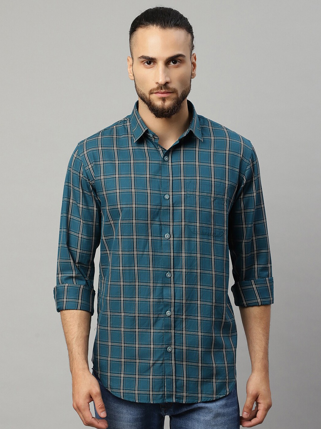 

Rodamo Men Blue Slim Fit Checked Casual Shirt