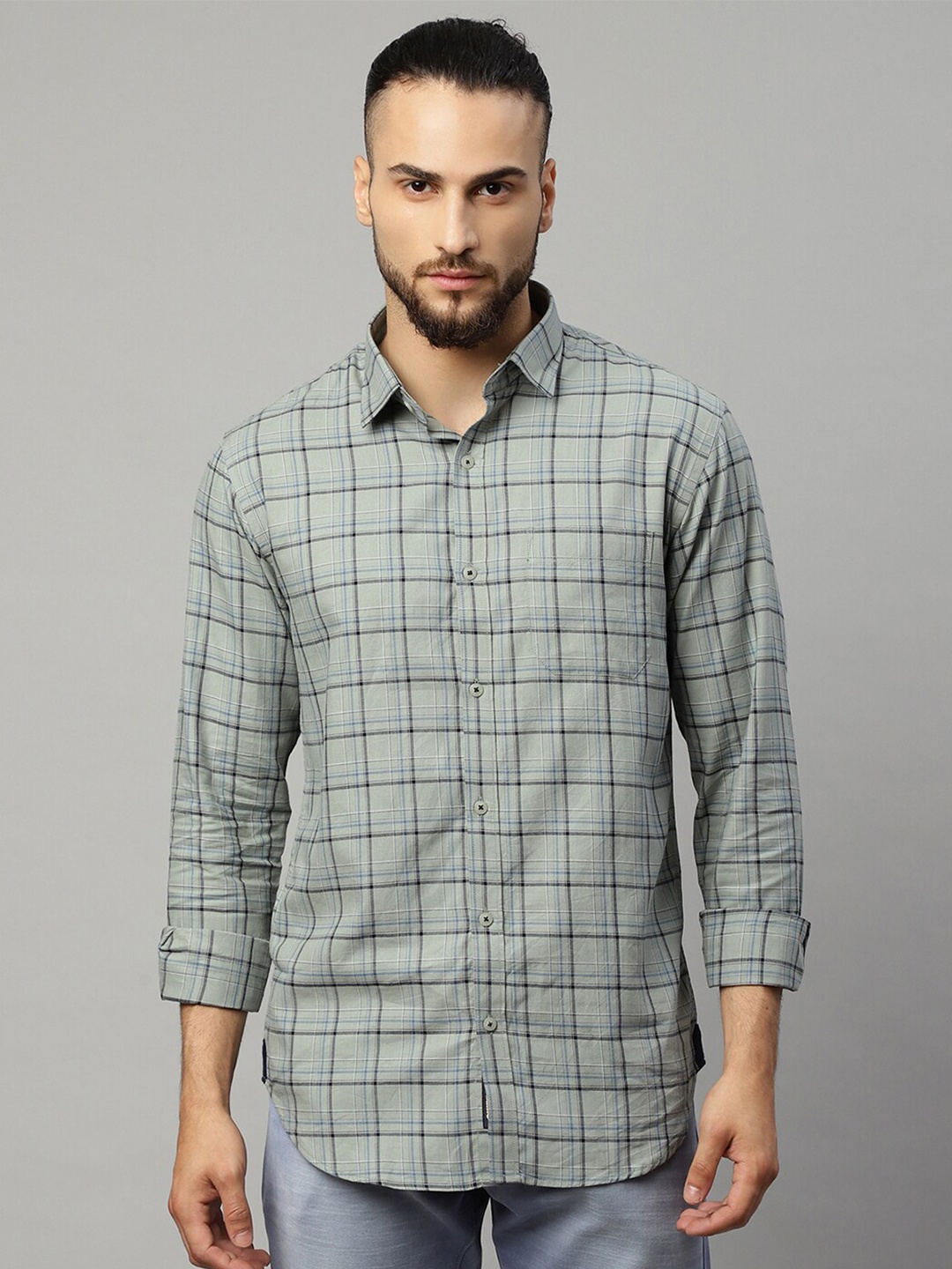 

Rodamo Men Green Slim Fit Tartan Checks Checked Casual Shirt