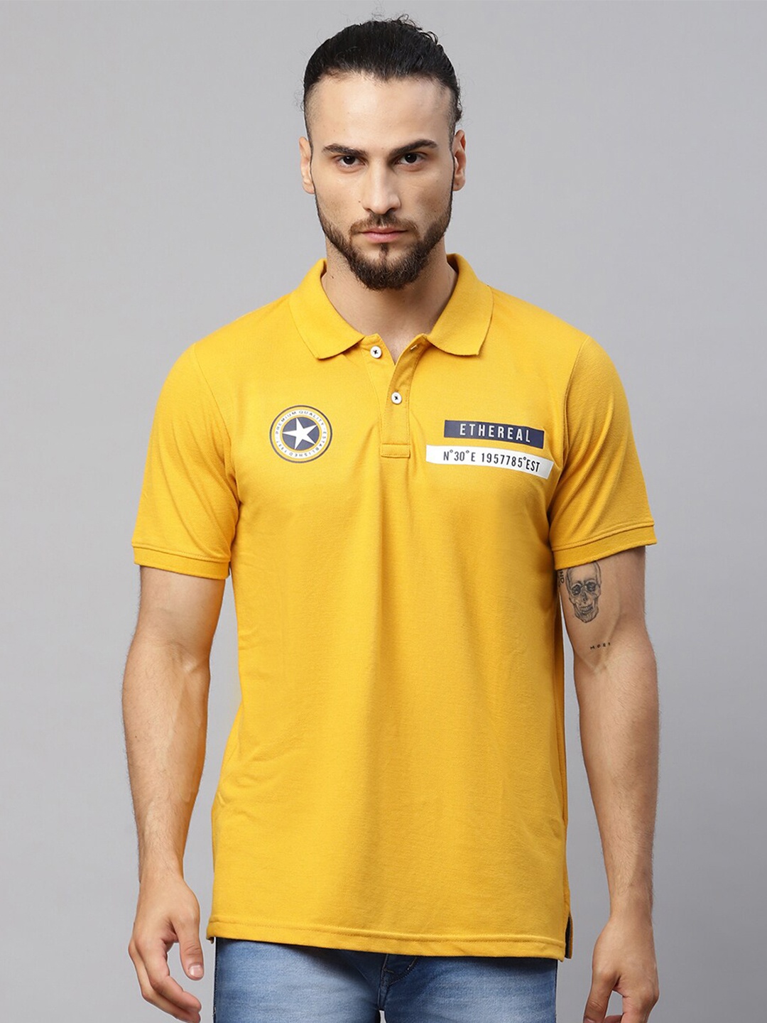 

Rodamo Men Mustard Yellow Typography Polo Collar Applique T-shirt