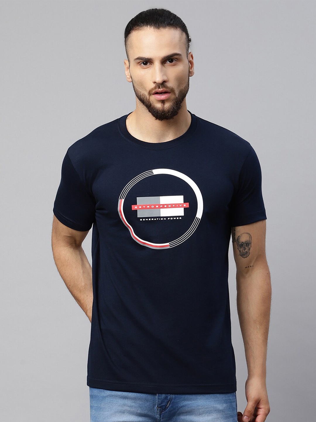 

Rodamo Men Navy Blue Typography Printed Slim Fit T-shirt