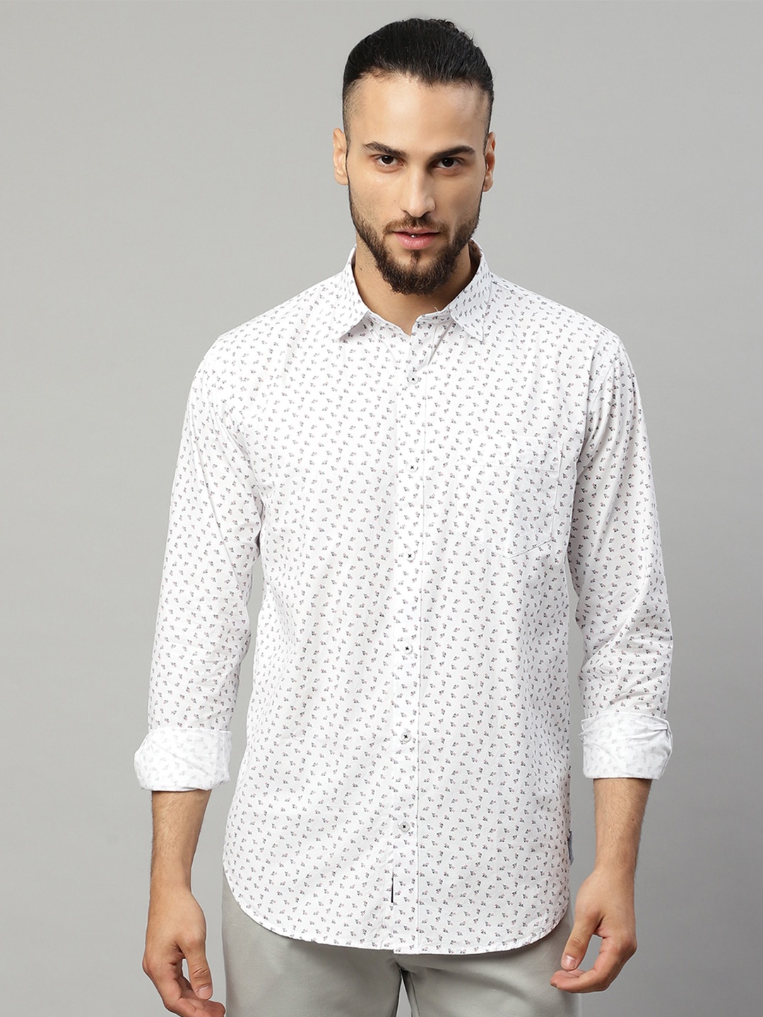 

Rodamo Men White Slim Fit Printed Cotton Casual Shirt