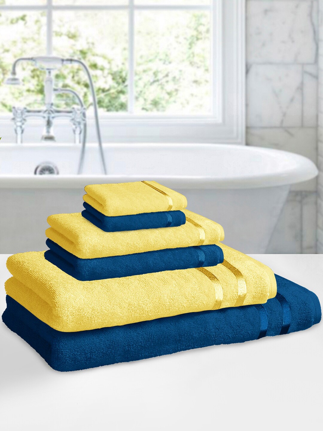 

Story@home Set Of 6 Navy Blue & Yellow Solid 450 GSM Cotton Towel
