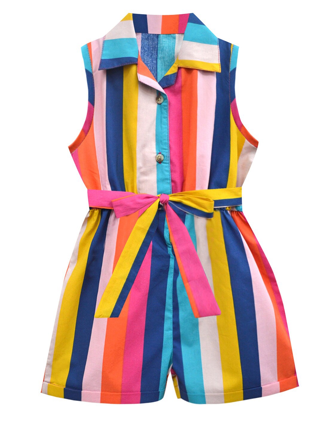 

A T U N Girls Blue & Pink Striped Pure Cotton Playsuit