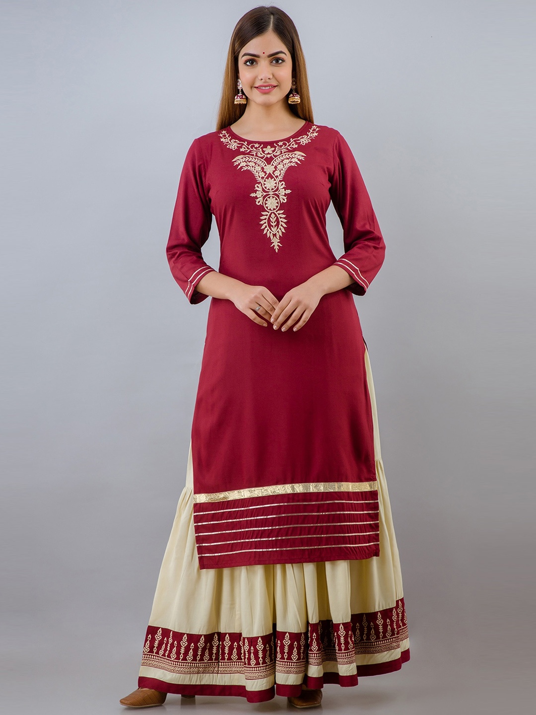 

SKY SHOPPIE Women Maroon Floral Embroidered Kurta with Skirt & Dupatta