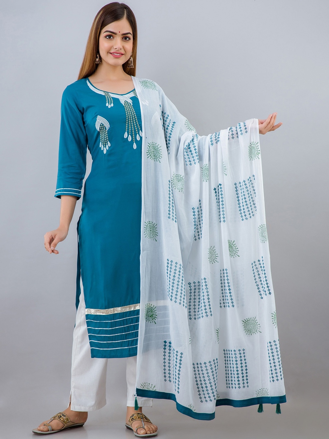

SKY SHOPPIE Women Turquoise Blue Ethic Motif Embroidered Kurta With Pant and Dupatta set