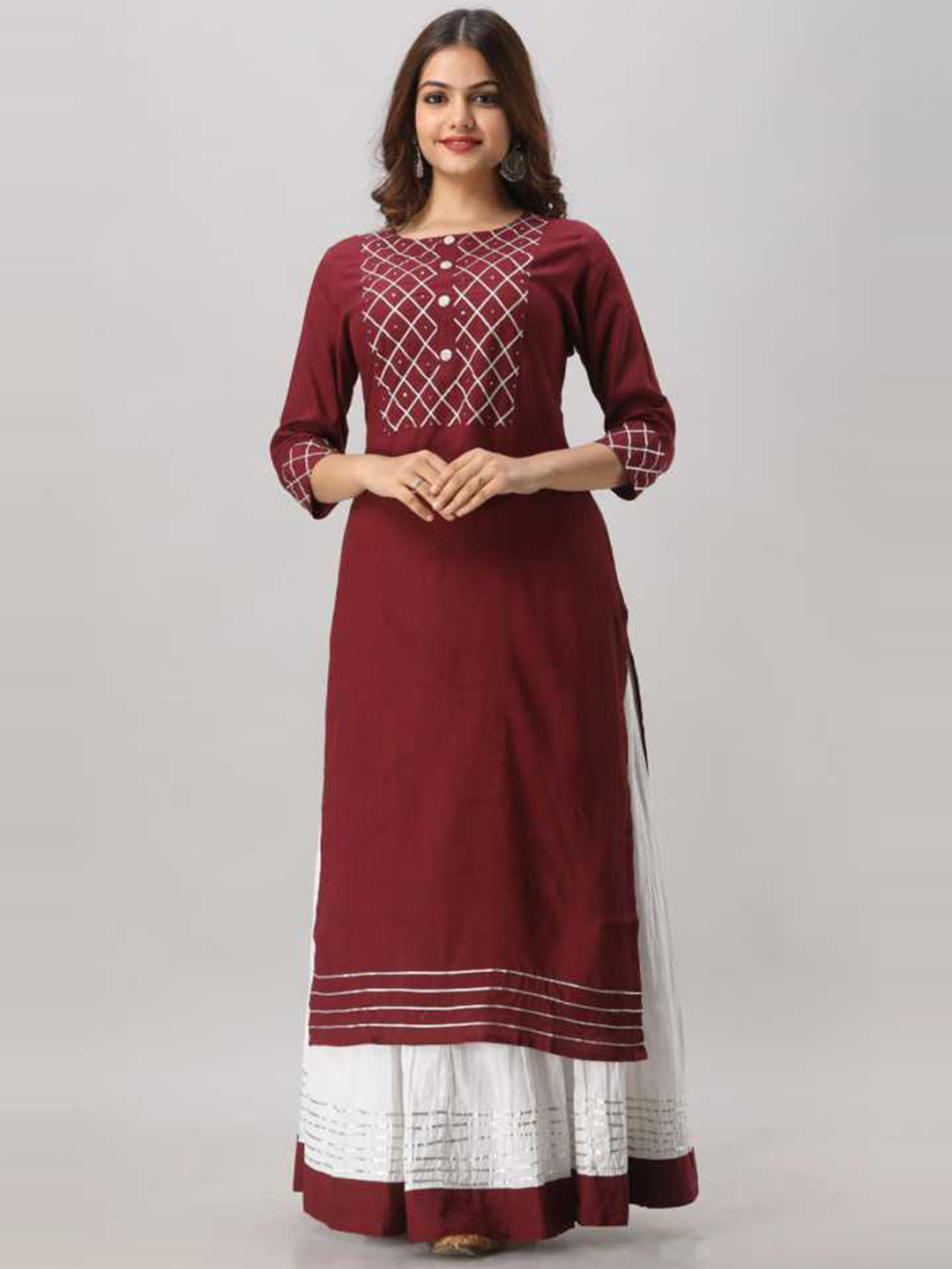 

SKY SHOPPIE Women Maroon Yoke Design Gotta Patti Pure Cotton Kurta with Skirt set