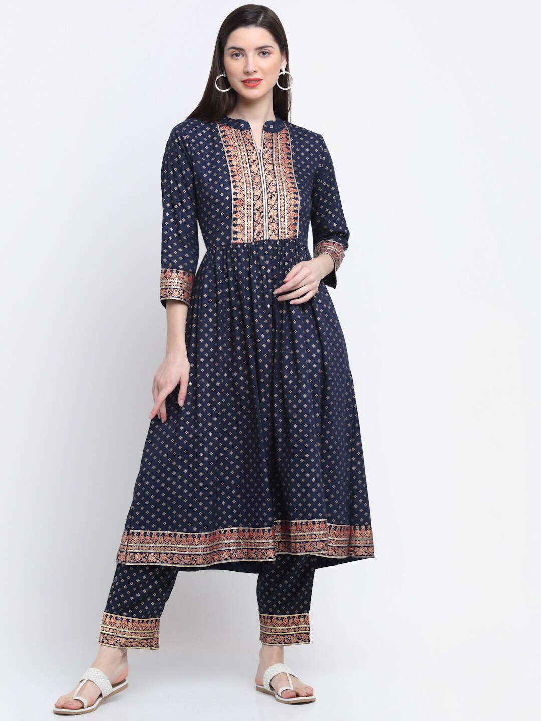 

KALINI Women Navy Blue Ethnic Motifs Printed Pleated Kurta with Trousers & With Dupatta