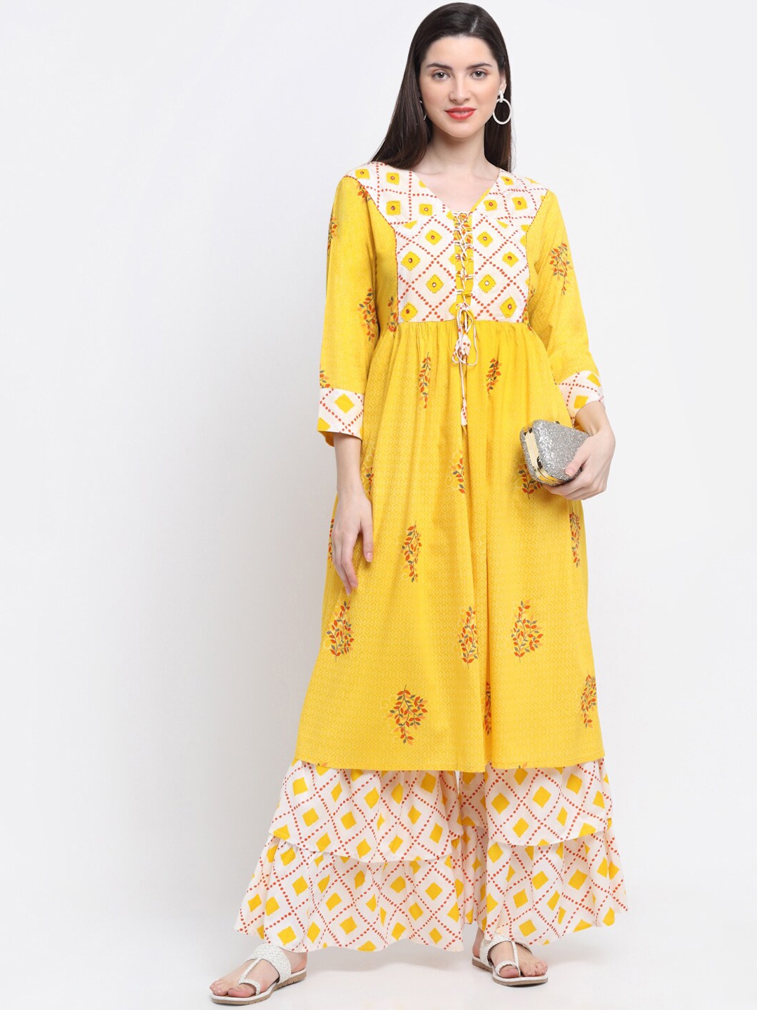 

KALINI Women Yellow Floral Printed Pleated Thread Work Kurta with Sharara
