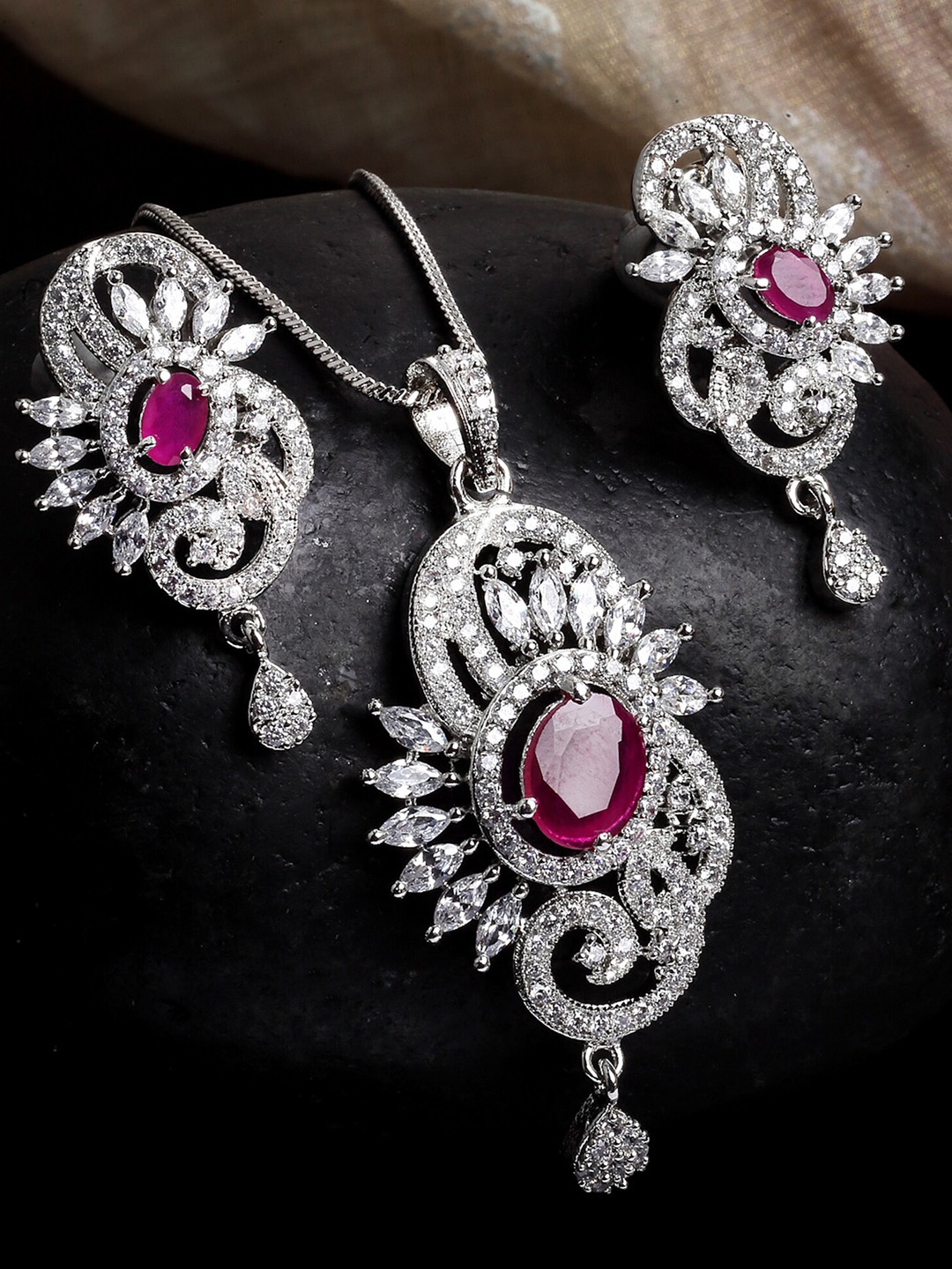 

KARATCART Silver Plated Red American Diamond Studded Pendant Set