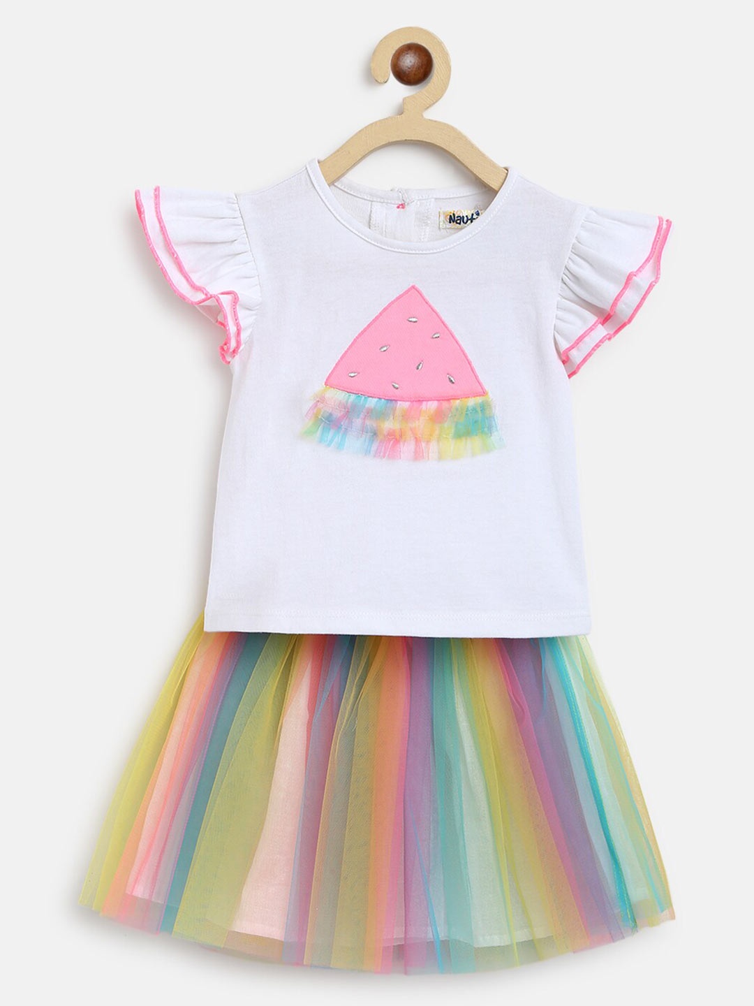 

Nauti Nati Girls Multicoloured Printed Top with Tulle Skirt, Multi