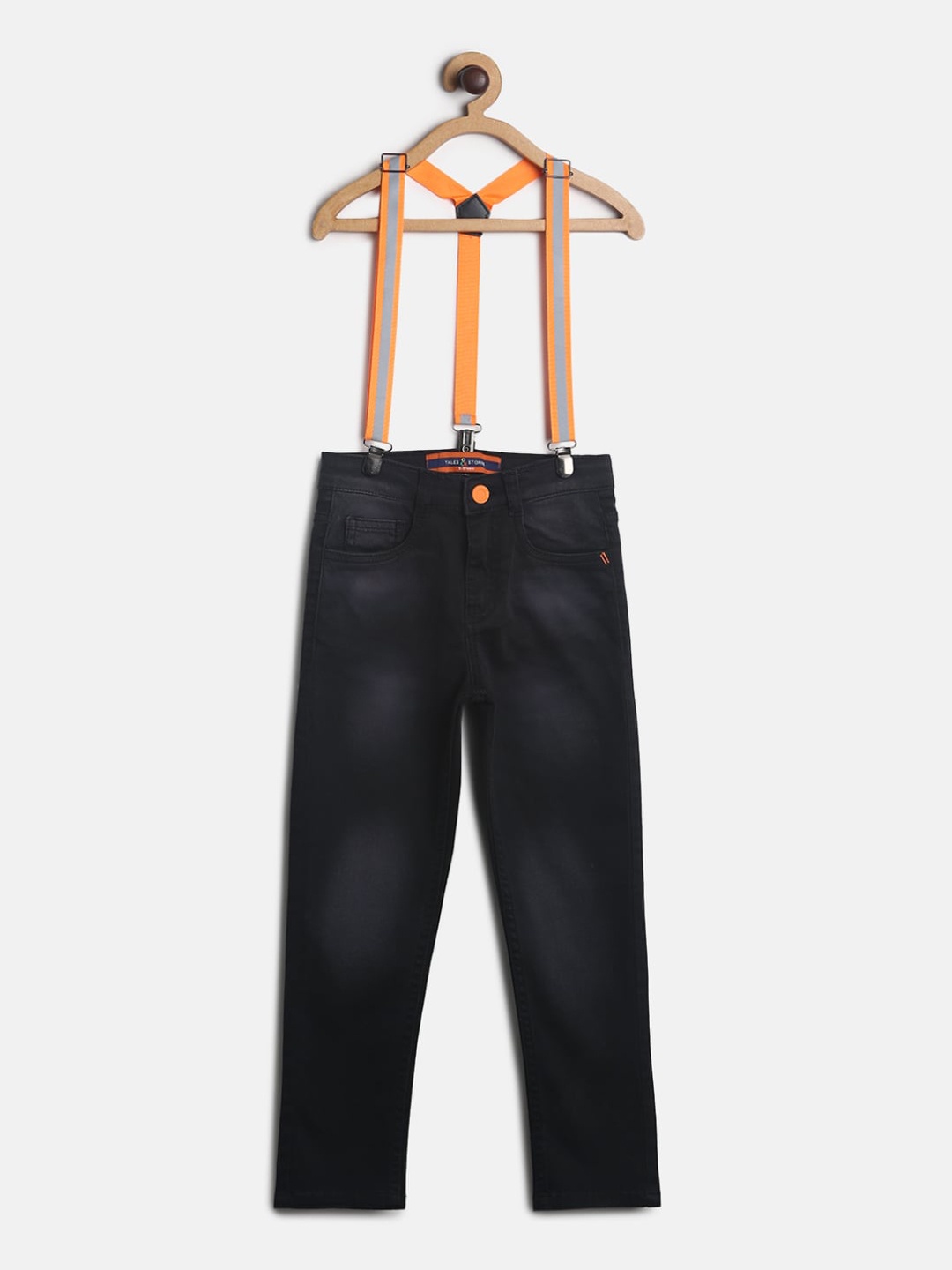 

TALES & STORIES Boys Black Slim Fit Light Fade Stretchable Jeans With Suspenders