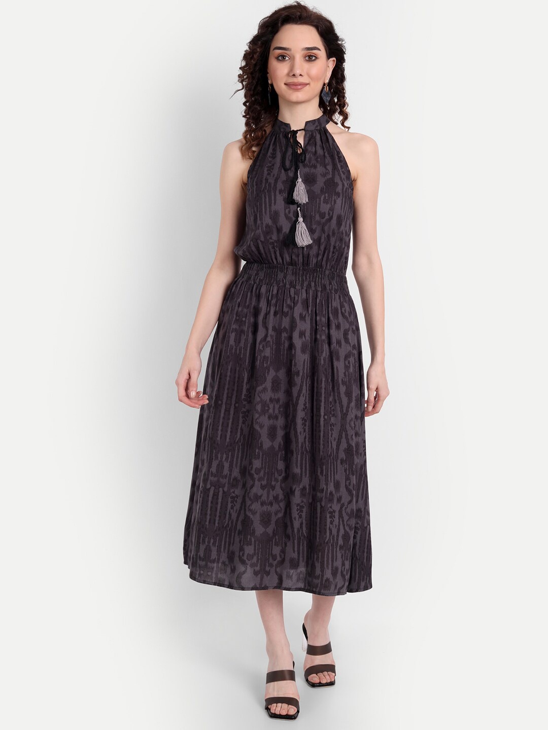 

Aaruvi Ruchi Verma Women Grey Halter Neck Midi Dress