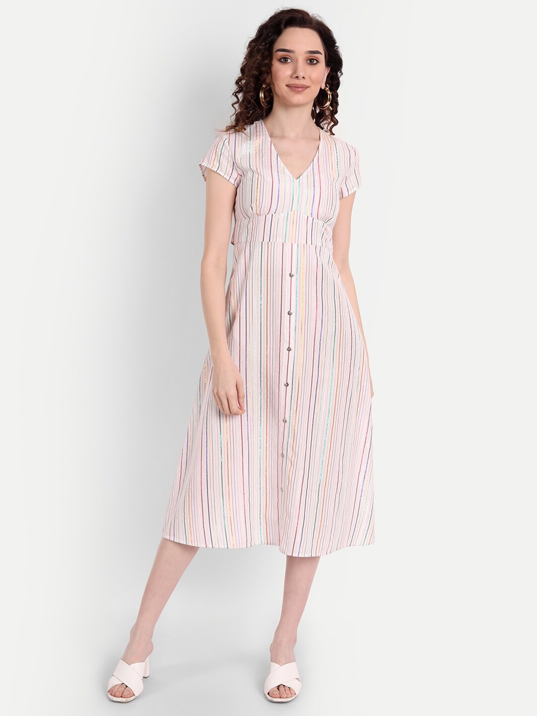 

Aaruvi Ruchi Verma White & Red Striped Cotton Midi Dress