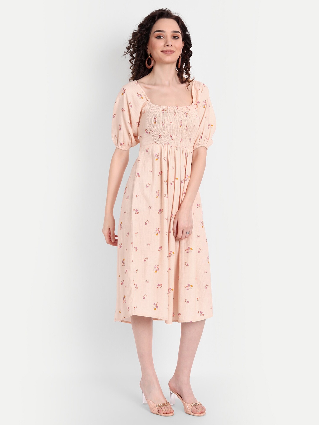 

Aaruvi Ruchi Verma Peach-Coloured & Brown Floral Smocked Cotton Midi Dress