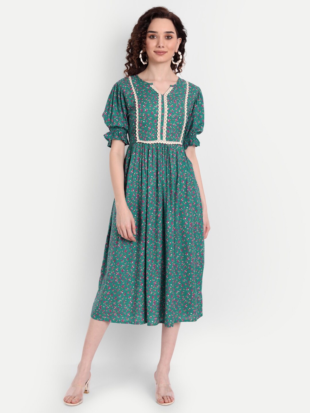 

Aaruvi Ruchi Verma Teal Blue Floral Midi Dress