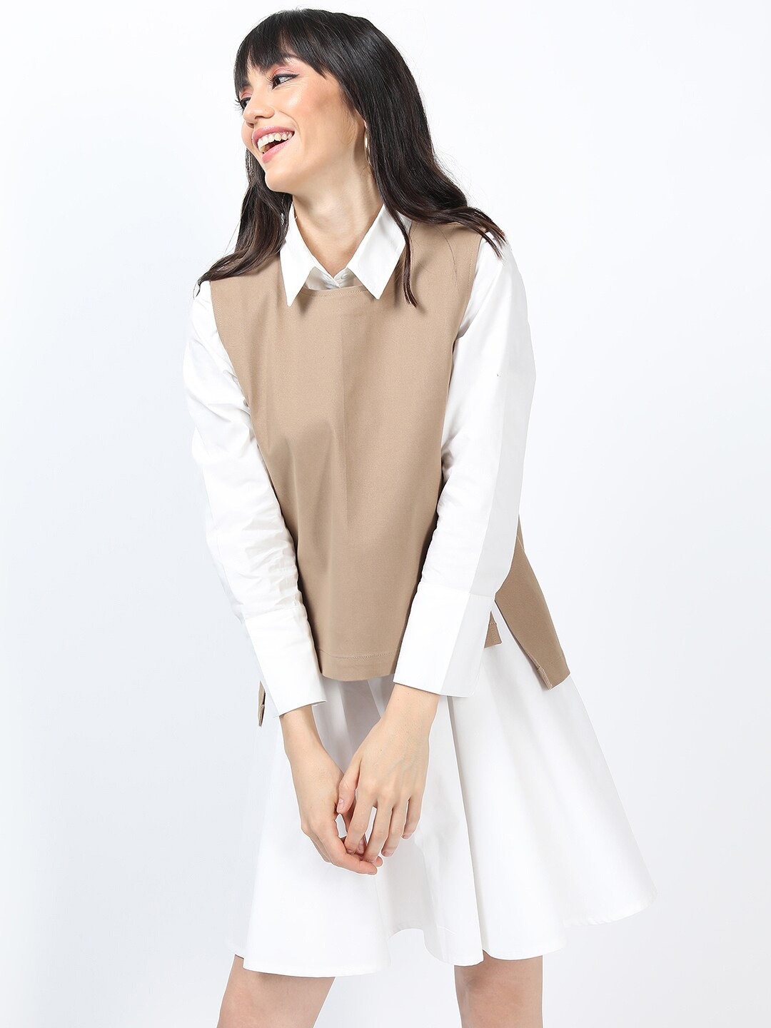

Tokyo Talkies White & Brown Solid Drop-Waist Dress With Jacket