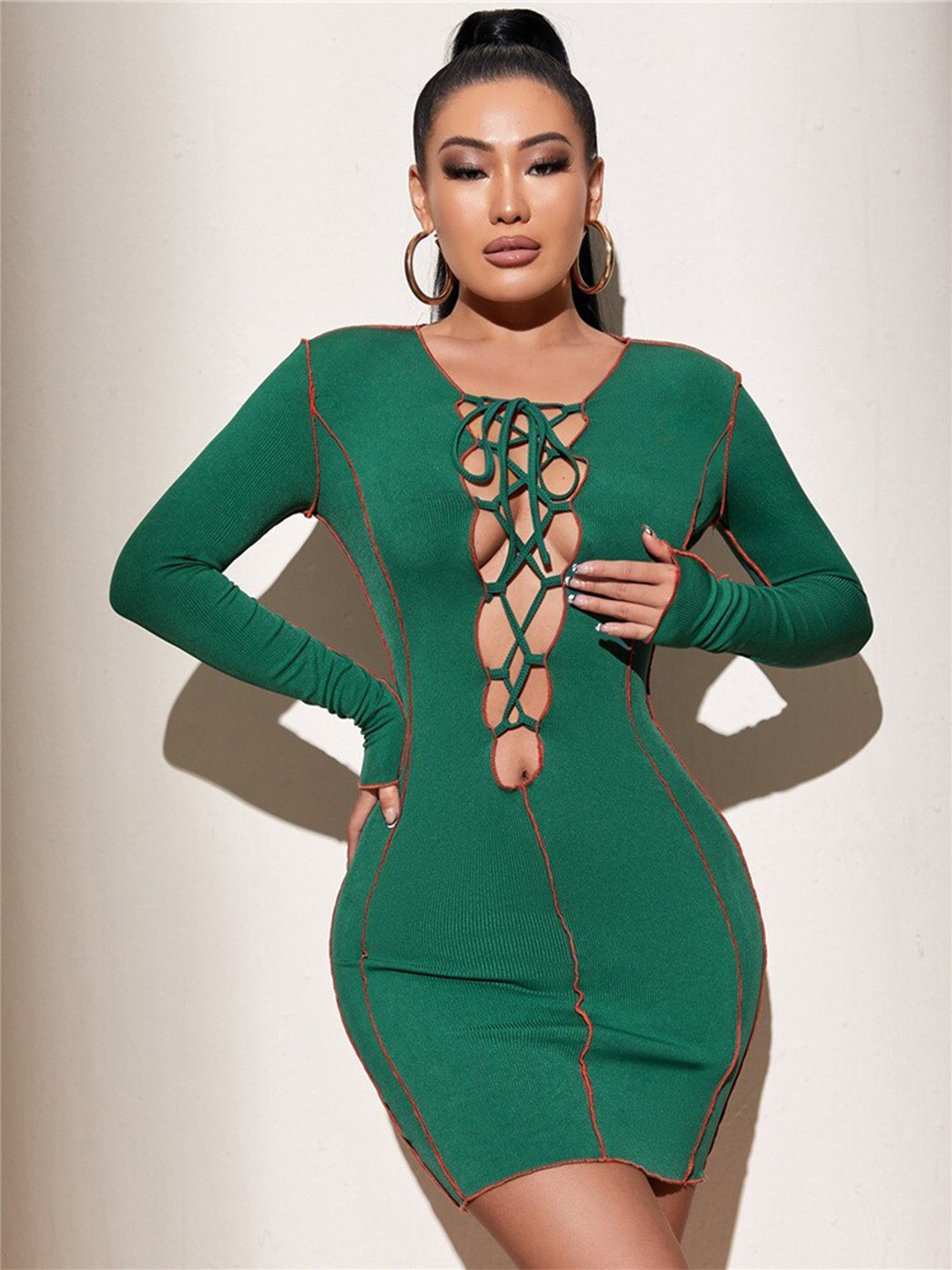 

La Aimee Green Tie-Up Neck Bodycon Mini Dress