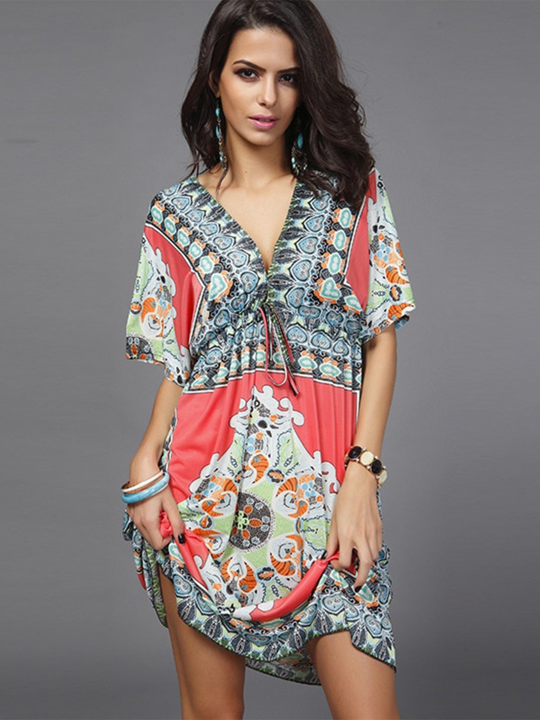

La Aimee Women Gorgeous Red Ethnic Motifs Printed Kaftan Dress